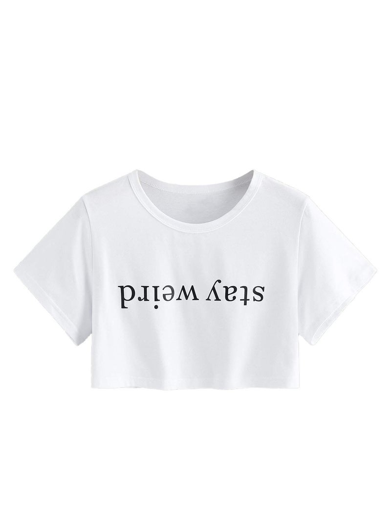SweatyRocks Women's Summer Letter Print Crop Top T-Shirts Casual Short Sleeve Cropped Tee White S - Image 1